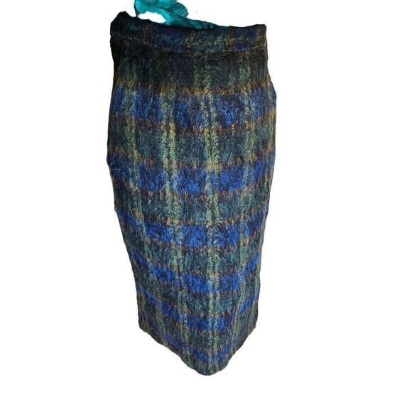 50s Mohair Wool Plaid Blue Green Pencil Midi Skirt Vintage 60s MOD - Picture 1 of 3